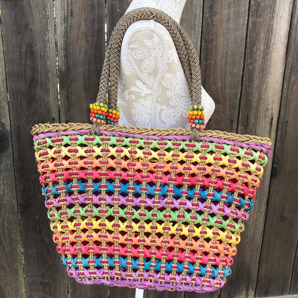 Beaded Woven Straw Rainbow Tote Bag